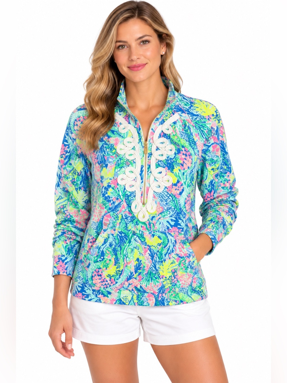 Lilly Pulitzer Pullover Womens Large Tropical Print Half Zip Soutache Trim
